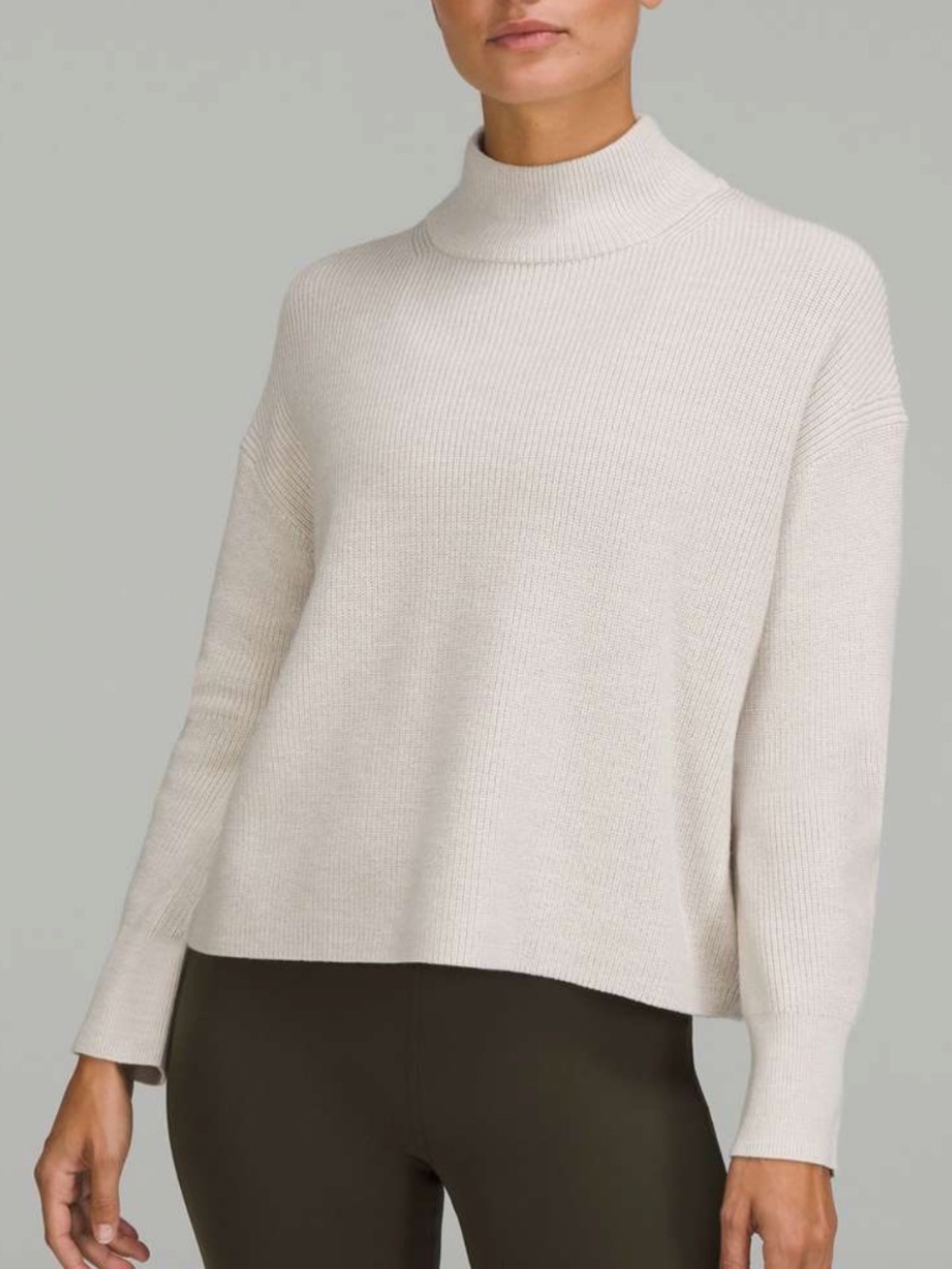 Lululemon Merino Wool-Blend Ribbed Turtleneck Sweater, Heathered Natural Ivory